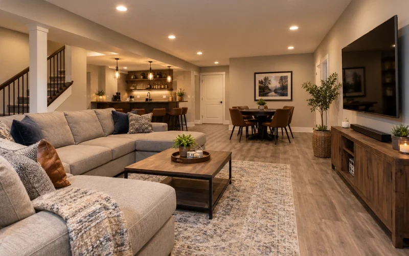 Finished basement living area with a gray sectional, wood TV console, dining table, and wet bar in the background.