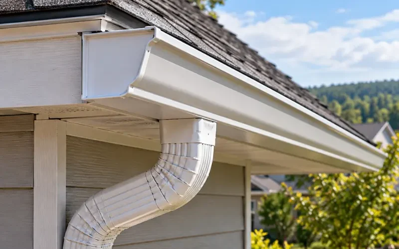 White seamless gutter with a matching downspout installed along the roofline of a home with light siding and a shingle roof.