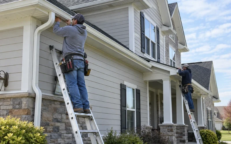 Two gutter installers on ladders attaching a white gutter and downspout to the roofline of a two-story home.