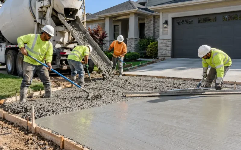 Crew in hard hats and safety vests spreading wet concrete from a mixer truck chute into wooden forms for a driveway in front of a home.