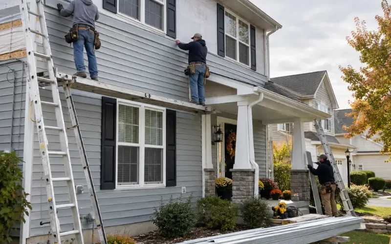 Siding crew installing new vinyl siding on a two-story home in Mt. Orab during a full exterior replacement project.