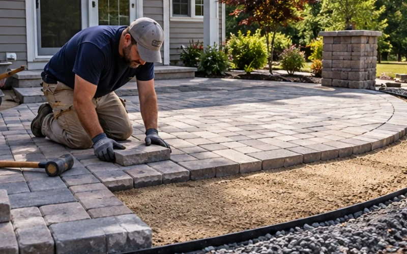Contractor laying interlocking pavers on a curved patio with a compacted gravel base and edging beside a home.