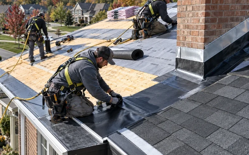 Roofing contractor pointing at the roof of a two-story home while talking with a homeowner during a roof replacement estimate.