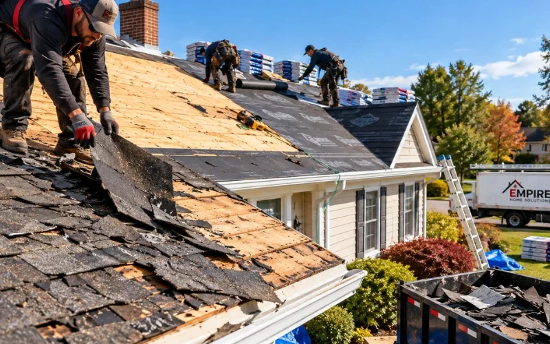 Roofing crew removing old shingles during a roof replacement, with new shingle bundles staged on the roof and an Empire Home Solutions truck nearby.