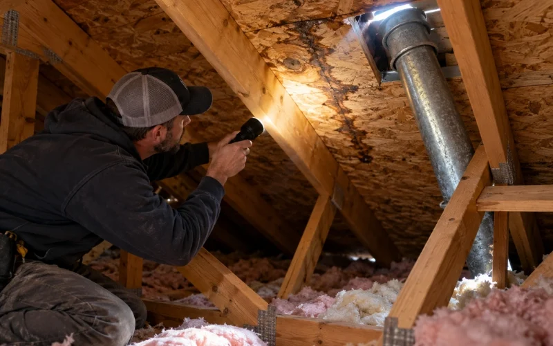 Roofing contractor inspecting water stains and moisture damage on the roof decking from inside the attic with a flashlight.