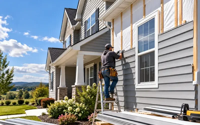 Siding contractor on a ladder installing vinyl siding on a two-story home, with siding panels stacked on sawhorses in the foreground.