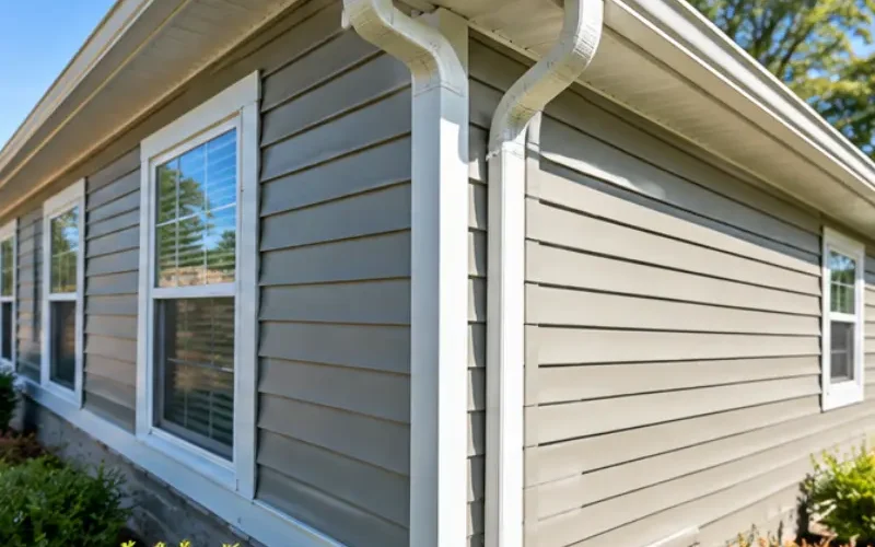 Gray vinyl siding with white window trim and downspouts on a completed siding installation.